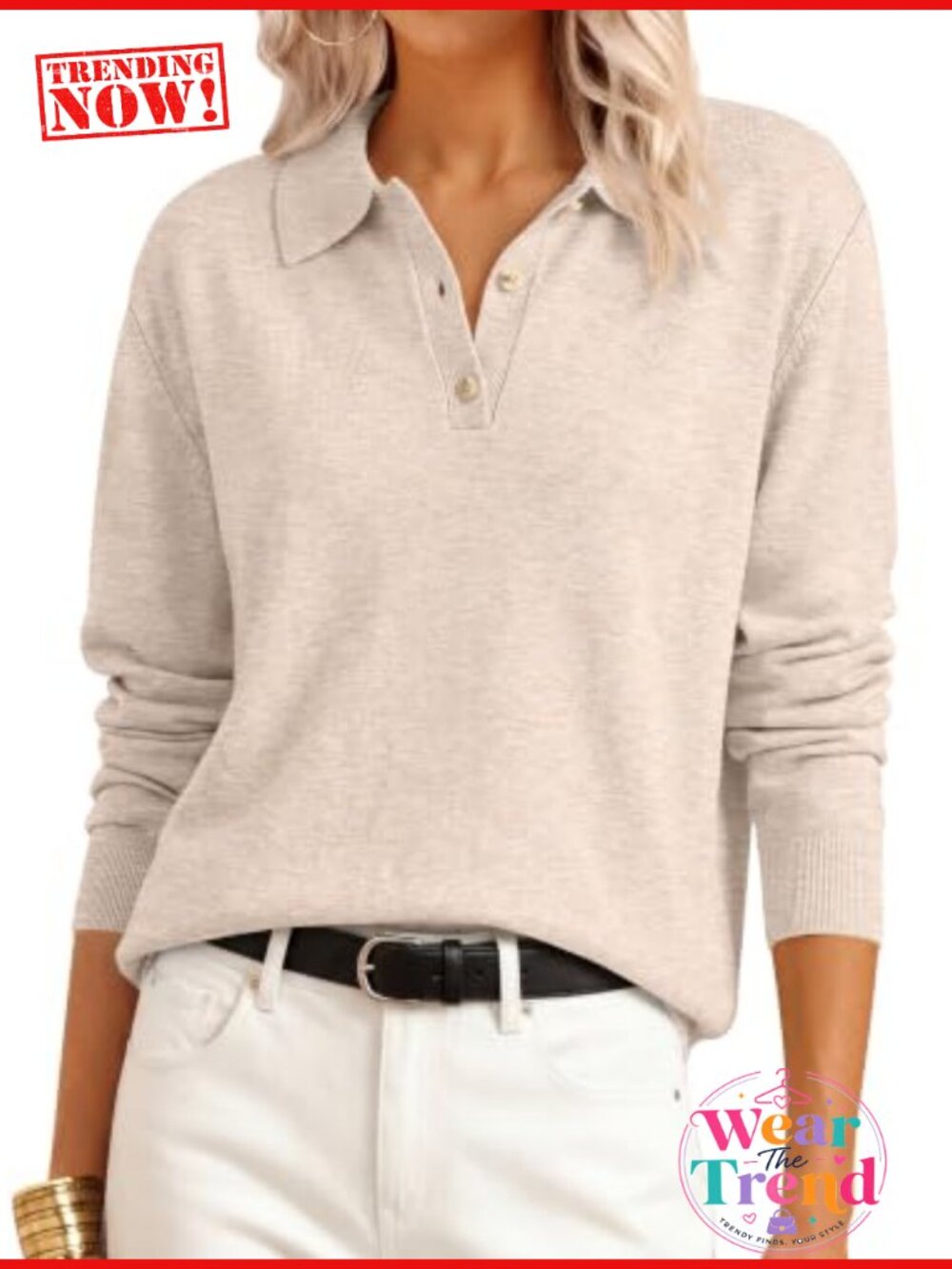 Polo Collared Knit Long Sleeve Pullover Sweater Ribbed Cuffs Hem